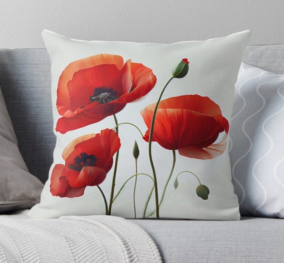 Poppy Pillow Cover Poppies Cushion Cover Floral Painting Style