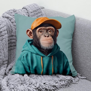 Chimpanzee Throw Pillow Cover - Cotton Linen Pillowcase - Cute Monkey Cushion Cover for Couch, Sofa, or Bedroom Decor