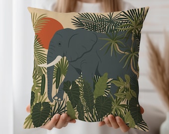 Elephant Jungle Pillow Cover – Safari Decor Throw Pillow, Tropical Rainforest Cushion, Wildlife Boho Home Accent, Earthy Nature Theme