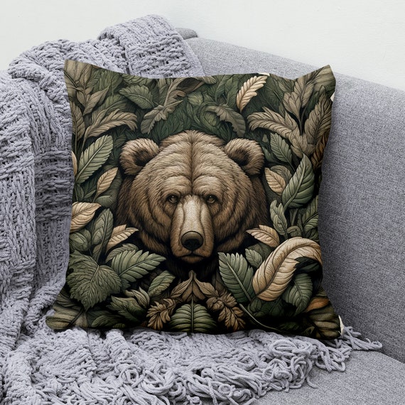 Bear Pillow Cover Grizzly Bear Cushion Cover Square Cotton Linen Throw Pillow Case With Botanical Design Cozy Home Decor Pillowcase Etsy UK