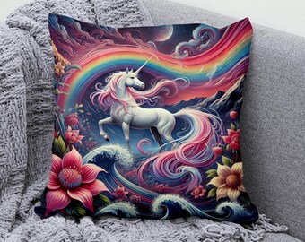 Enchanting Unicorn with Rainbow Throw Pillow Cover – Cotton Linen Decorative Cushion Cover – Fantasy Art Pillowcase for Magical Home Decor