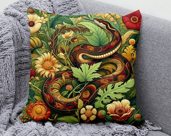 Housse de coussin serpent, Housse de coussin en lin coton et jardin du serpent, Oeuvre d'art floral serpent, Taie d'oreiller carrée, Botanique, Couleurs vives