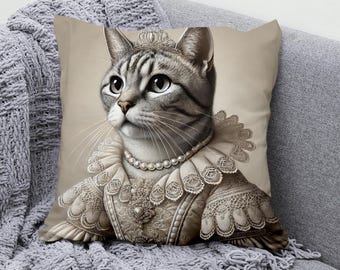 Housse De Coussin Déhoussable 45cm – Chat Victorien Costumé Et Oiseau – Style Noble Et Shabby Chic