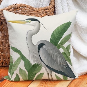 Great Blue Heron Cushion Cover, Botanical Bird Throw Pillowcase with Tropical Foliage, Elegant Nature Decor Accent, Multiple Sizes Available