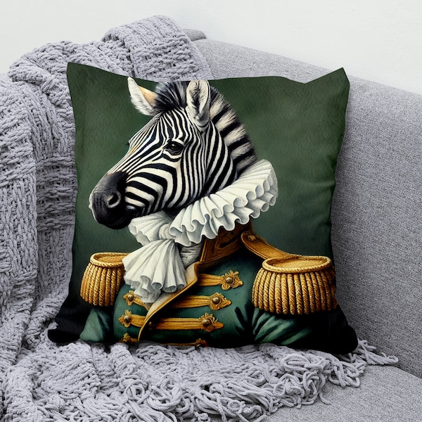 Majestic Zebra in Uniform Throw Pillow Cover - Cotton Linen Pillowcase for Sofa and Couch - Decorative Cushion Cover for Home Decor