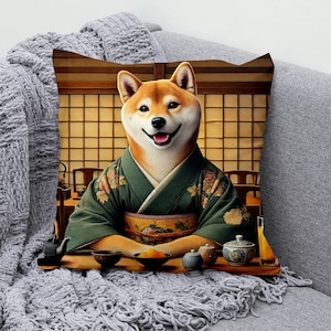 Japanese Shiba Inu Throw Pillow Cover, Kimono Dog Pillowcase, Cotton Linen Cushion Cover, Decorative Japanese Art Pillow, Cute Shiba Design