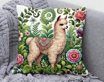 Whimsical Llama Throw Pillow Cover Cotton Linen, Boho Animal Pillowcase for Sofa, Couch, or Floral Farmhouse Home Decor