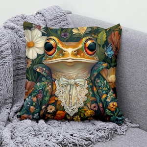 Elegant Frog Throw Pillow Cover, Cotton Linen Floral Cushion, Whimsical Animal Pillowcase, Decorative Toad Pillow for Sofa and Home Decor