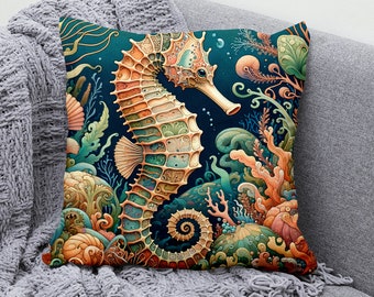 Seahorse Cushion Cover, Sea Horse Pattern Pillow Covers, Under Water Scene Pillowcase, Fantasy Art Pillow Case, Coastal Home Decoration