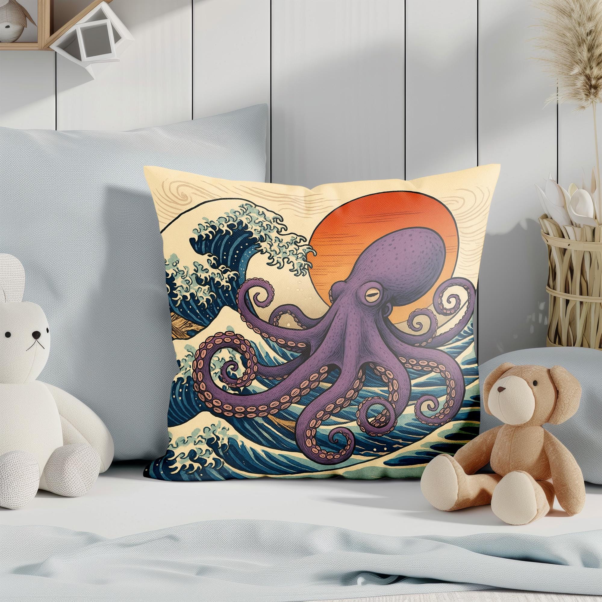 Purple Octopus Cushion Cover, Japanese Wave Throw Pillow, Nautical