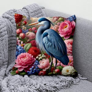 Elegant Blue Heron Floral Throw Pillow Cover, Cotton Linen Pillowcase, Decorative Cushion Cover for Couch, Sofa, Bed, Bird and Flower Print