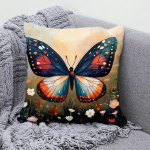 Enchanting Butterfly Throw Pillow Cover - Cotton Linen Cushion - Boho Floral Pillowcase for Sofa or Bedroom Decor - Navy, Orange, Cream