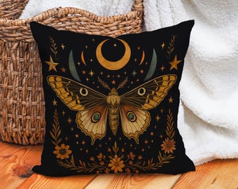 Luna Moth Throw Pillow Cover, Celestial Gothic Cushion with Moon Phases, Gold Boho Witch Decor for Mystical Bedroom or Dark Cottagecore