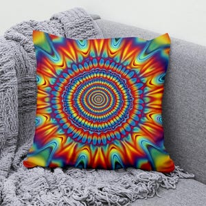 Psychedelic Tie-Dye Mandala Pillow Cover, Trippy Spiral Rainbow Cushion, Colorful Boho Home Decor Cotton Linen Throw Pillow Festival Hippie