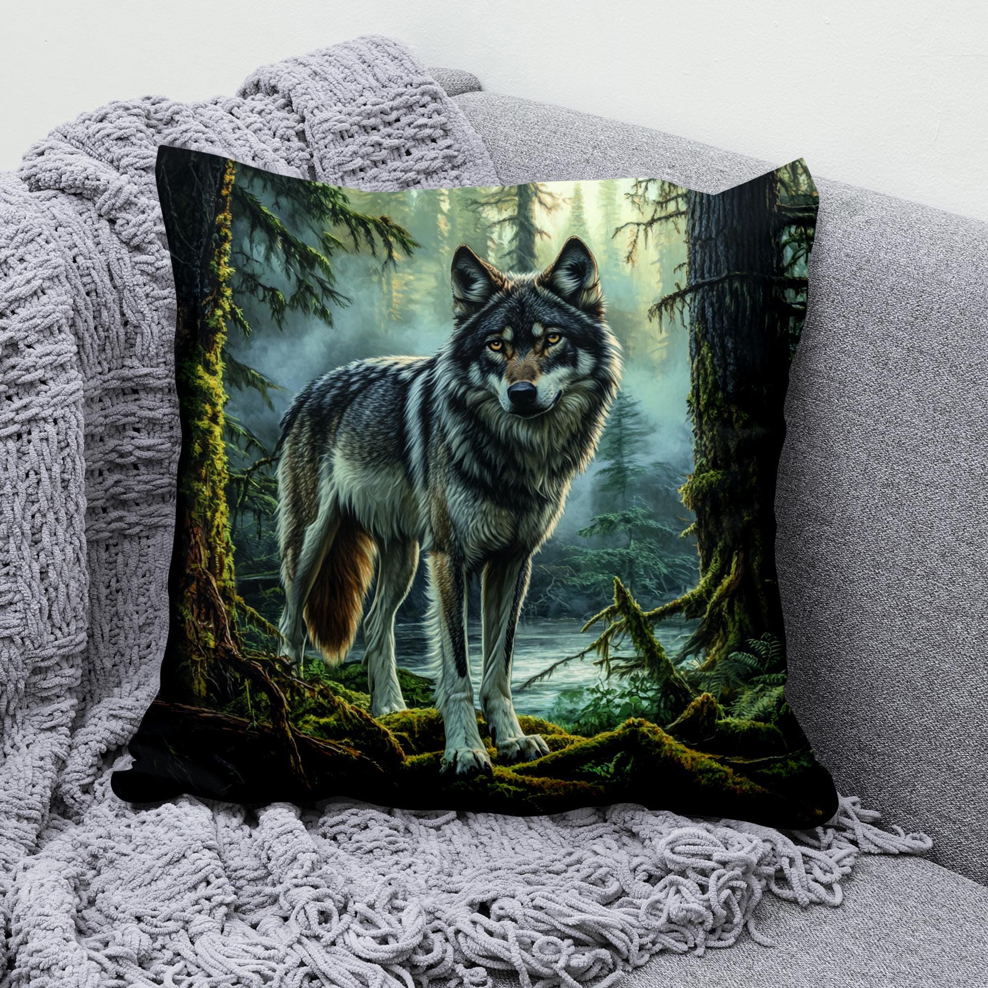 Black Wolf Throw Pillow Cover - Cotton Linen Decorative Pillowcase