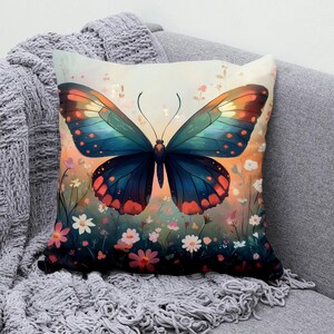 Vibrant Butterfly Throw Pillow Cover - Cotton Linen Cushion - Boho Floral Pillowcase for Sofa or Bedroom Decor - Teal, Orange, Pink