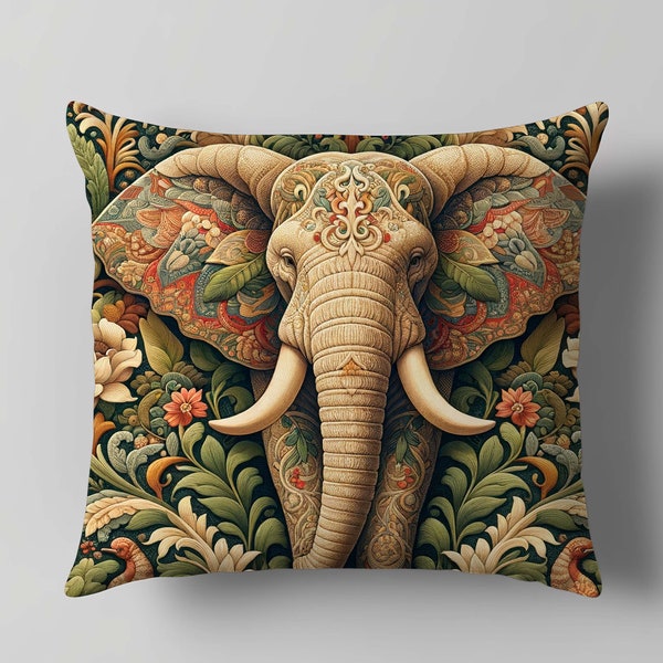 Ornate Elephant Pillow Cover - Decorative Square Cotton Linen Cushion, Boho Home Decor Pillowcase, William Morris Inspired