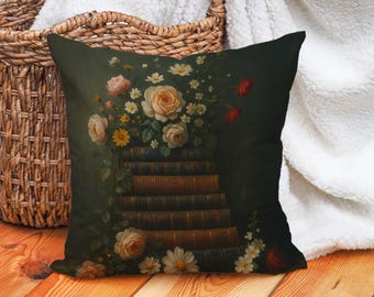 Donker Academia-boekstapelkussen, bloemenbibliotheek esthetische kussenhoes, vintage boekenliefhebber decor, gotisch cottagecore-leeskameraccent