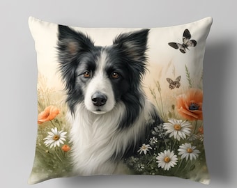 Border Collie Cushion Cover - Dog, Square Cotton Linen Throw Pillow Cover with Watercolor Floral Design, Cozy Home Decor