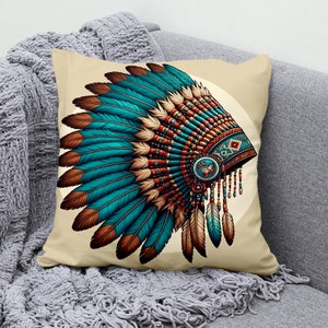 May include: A decorative throw pillow featuring a colorful Native American headdress with blue, red, brown, and white feathers. The headdress is on a beige background.
