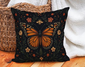 Monarch Butterfly Pillow Cover, Dark Floral Cushion Cover, Boho Botanical Decor Accent, Fall Nature Inspired Throw, Cottagecore Gift for Her