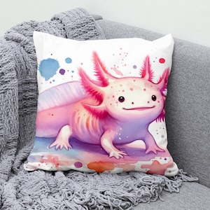 Cute Axolotl Throw Pillow Cover - Colorful Cotton Linen Pillowcase - Decorative Cushion Cover for Sofa, Couch, or Bedroom Decor