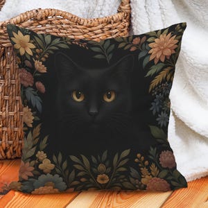 Black Cat Cushion Cover with Autumn Floral Frame, Gothic Boho Throw Pillow for Cat Lovers and Cozy Fall Decor, Multiple Sizes Available