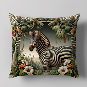 Zebra Pillow Cover, William Morris Art Inspired Cushion Cover, Botanical, Floral Wildlife Throw Pillow, Cotton Linen Pillowcase Decorative