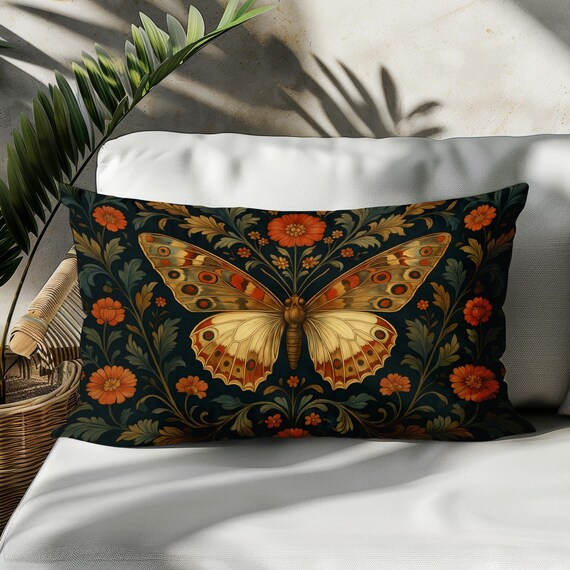 Monarch Butterfly Lumbar Pillow Cover, Boho Floral Cushion Cover
