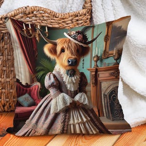 Highland Cow Pillow, Victorian Cow Art, Funny Animal Cushion, Farmhouse Decor, Rustic Home Accent, Unique Gift, Vintage Aesthetic Pillow