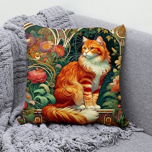 Luxurious Orange Cat Cushion Cover, Art Nouveau Style Throw Pillow Cover, William Morris Inspired Art, Elegant Sofa Decor, Unique Gift