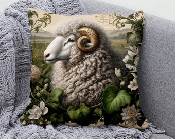 Majestic Ram Throw Pillow Cover - Elegant Cotton Linen Pillowcase with Intricate Sheep Farmhouse Design - Decorative Cushion for Sofa