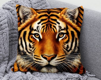 Realistic Tiger Throw Pillow Cover - Premium Cotton Linen Cushion Cover - Bold Animal Print Pillowcase for Home Decor