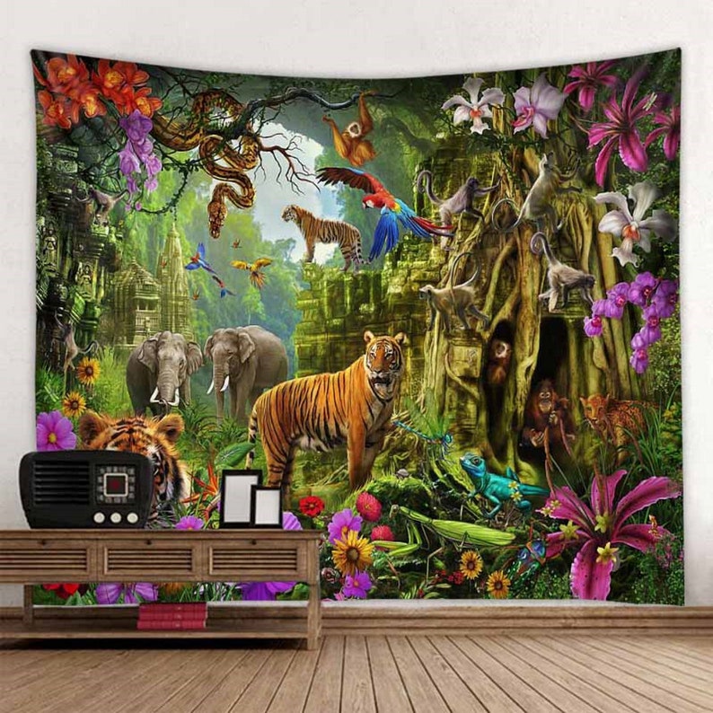 Jungle Tapestry Rainforest Wall Hanging Wild Animals Wall Hanging