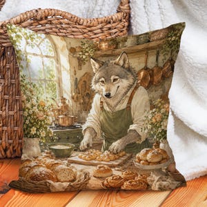 Housse de coussin Wolf Baker, coussin loup cottage, décoration de cuisine rustique, coussin décoratif loup, décoration de ferme confortable