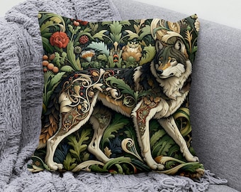 Housse de coussin loup, housse de coussin art rétro William Morris, taie d'oreiller, Art nouveau, déco cadeau botanique, floral taie d'oreiller