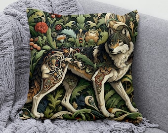 Wolf Cushion Cover, William Morris Retro Art Pillow Cover, Throw Pillow Case, Art Nouveau, Botanical, Floral Gift Pillowcase Decor