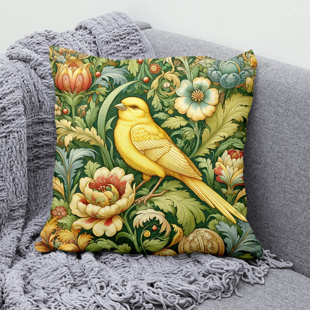 Canary Yellow Bird Throw Pillow Cover, Cotton Linen Cushion Cover