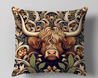 Highland Cow Print Cushion Cover, William Morris Art Style Throw Pillow Case - Square Floral Cotton Linen Pillow Cover Decorative Pillowcase