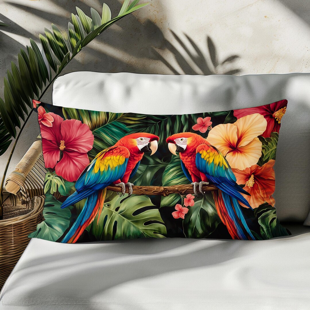 Tropical Parrot Lumbar Pillow Cover With Scarlet Macaws and Hibiscus ...