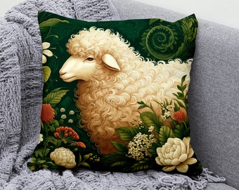 Fluffy Sheep Throw Pillow Cover - Elegant Cotton Linen Pillowcase with Botanical Farmhouse Design - Decorative Cushion for Sofa Bed or Chair