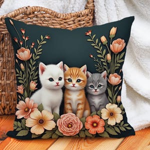 Kittens Cushion Cover with Floral Frame, Cute Cat Throw Pillow for Cat Lovers, Nursery or Cozy Decor Gift, Multiple Sizes Available