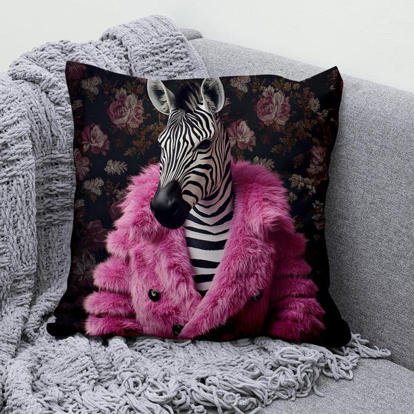 Zebra Throw Pillow Cover Cotton Linen, Funky Animal Portrait In Pink Fur Coat Hidden Zipper Cushion Case, Bold Decor Gift For Fashion Lovers