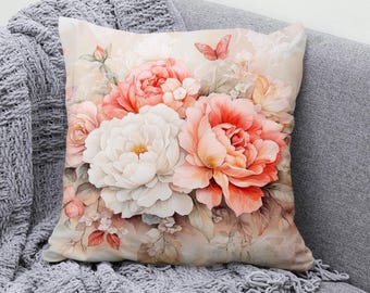 Floral Throw Pillow Cover, Peony and Rose Pillowcase, Elegant Cotton Linen Cushion Cover, Decorative Sofa Pillow for Home Decor