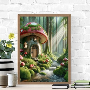 Fantasy Mushroom Wall Art Enchanted Mushroom House Canvas Print | Fairytale Forest Art, Woodland Nursery Decor, Kids Room Wall Decor