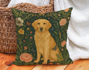 May include: A decorative square pillow featuring a golden retriever dog illustration. The dog is surrounded by a floral pattern with butterflies, in shades of green, peach, and yellow. The pillow is placed near a wicker basket and a white blanket.