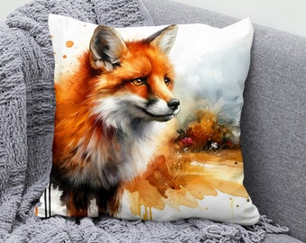 Watercolor Red Fox Cushion Cover with Autumn Forest Background – Woodland Animal Pillow for Rustic, Nature-Inspired or Cottagecore Decor