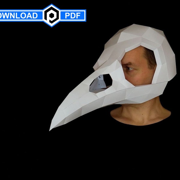 Máscara de calavera de cuervo, papercraft, plantilla PDF de bricolaje imprimible, máscara de fiesta de papel, máscara de Halloween de Papercraft