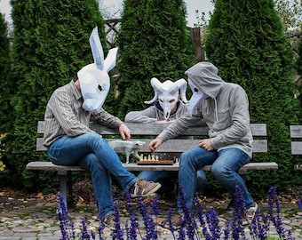 Bundle - Three masks DIY pdf papercraft templates and Cat PDF, Plague Doctor, Ram skull mask, Rabbit mask and Curious Cat