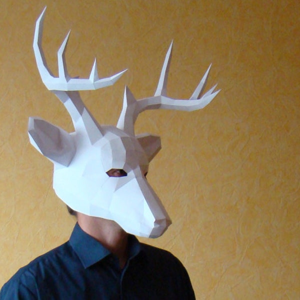 Masque papercraft de cerf, Téléchargez et fabriquez votre propre masque low poly, PDF DIY imprimable